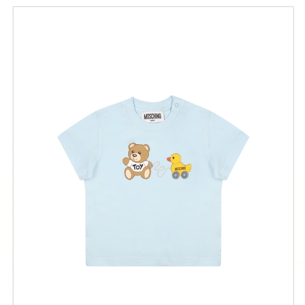 Moschino Baby Light Blue T-Shirt with Bear and Duck Print